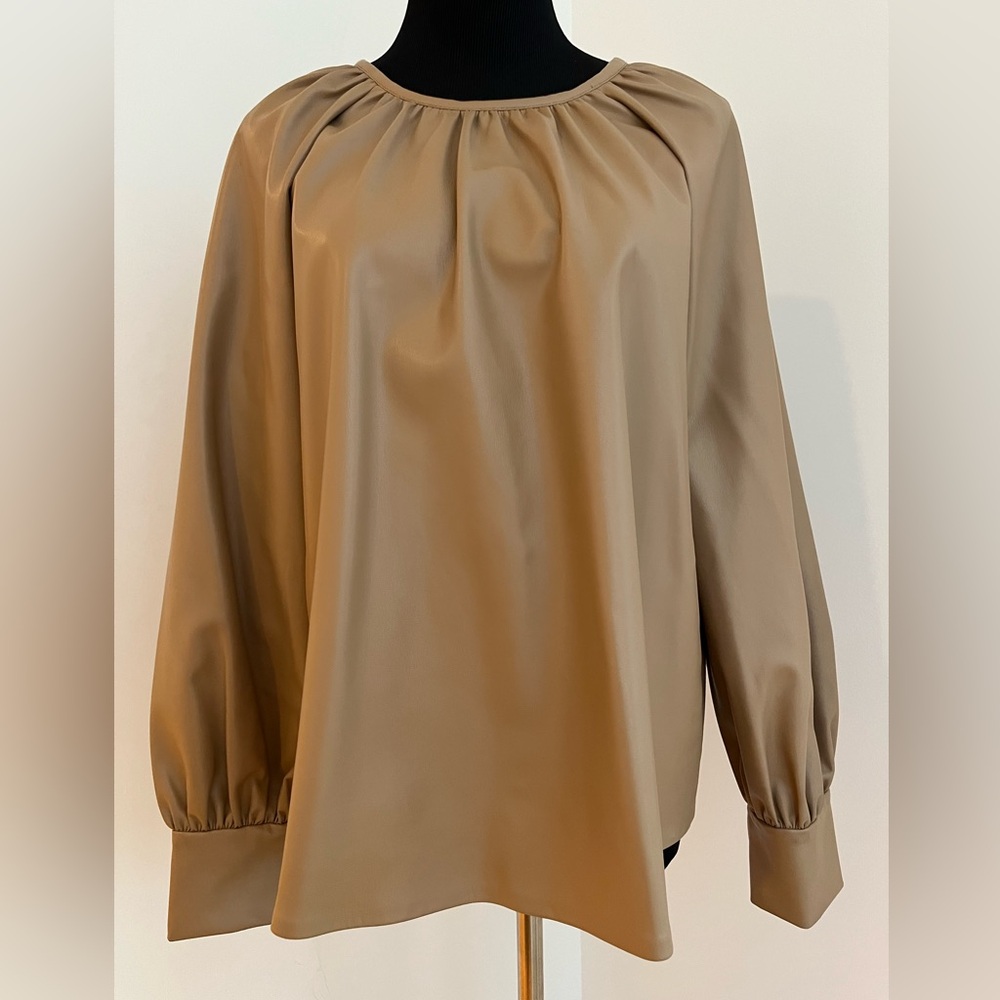 Zara Tan Faux Leather Blouse with Gathered Neckline